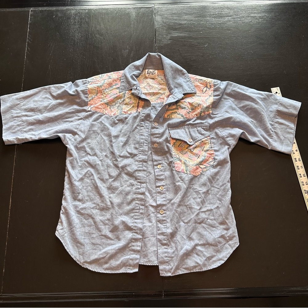 Vintage Small Blue Shirt with Patterned Tribal Denim Blue Oversized USA